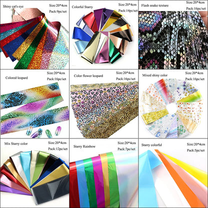 16Pc Holographic Nail Foil Set Starry Transfer 20*4cm Sticker Laser Flowers Leopard Mix Design Decal DIY Nail Art Decoration
