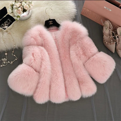 New S-4XL Winter Luxury Faux Fox Fur Coat women Slim Long Pink Red Blue Faux Fur Jacket Women Fake Fur Short Coats Female H701