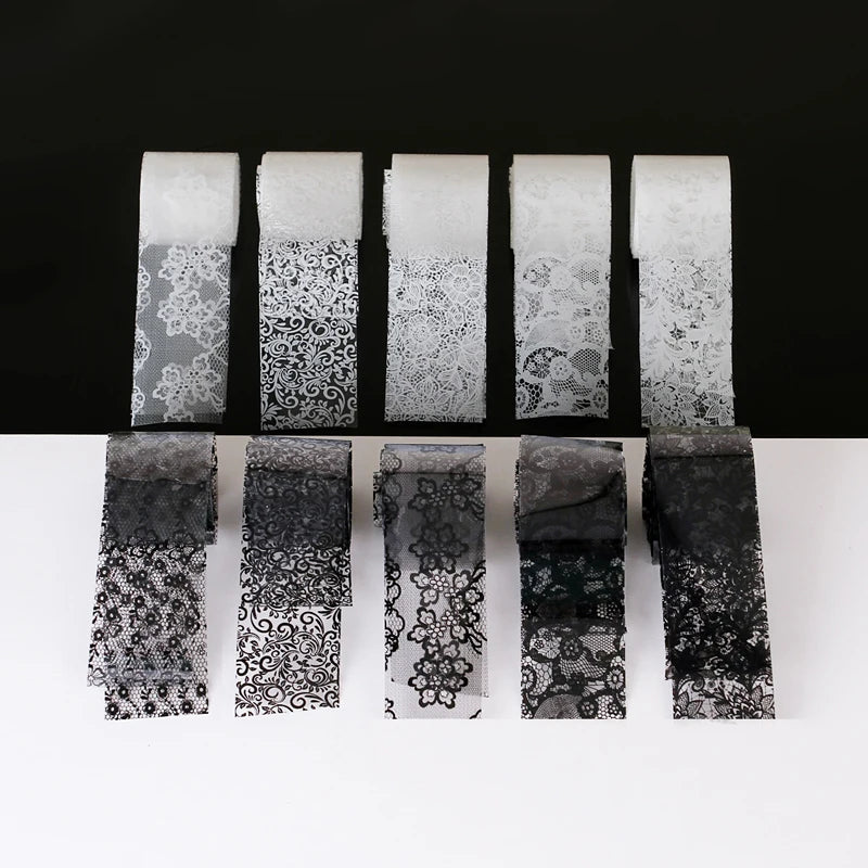 10 Rolls 2.5*60cm New Black White Lace Transfer Foil Nail Art Sexy Full Wraps Flower Glue Adhesive DIY Manicure Styling Tools
