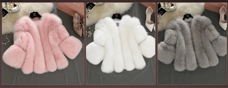 New S-4XL Winter Luxury Faux Fox Fur Coat women Slim Long Pink Red Blue Faux Fur Jacket Women Fake Fur Short Coats Female H701
