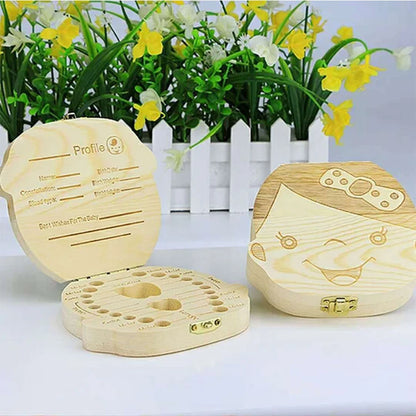 Spanish/English/Portugal/French/Russia Baby Wood Tooth Box Organizer Milk Teeth Storage Collect Teeth Umbilica Lanugo Save Gifts