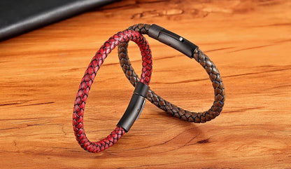 XQNI New Classic Style Men Leather Bracelet Simple Black Stainless Steel Button Neutral Accessories Hand-woven Jewelry Gifts