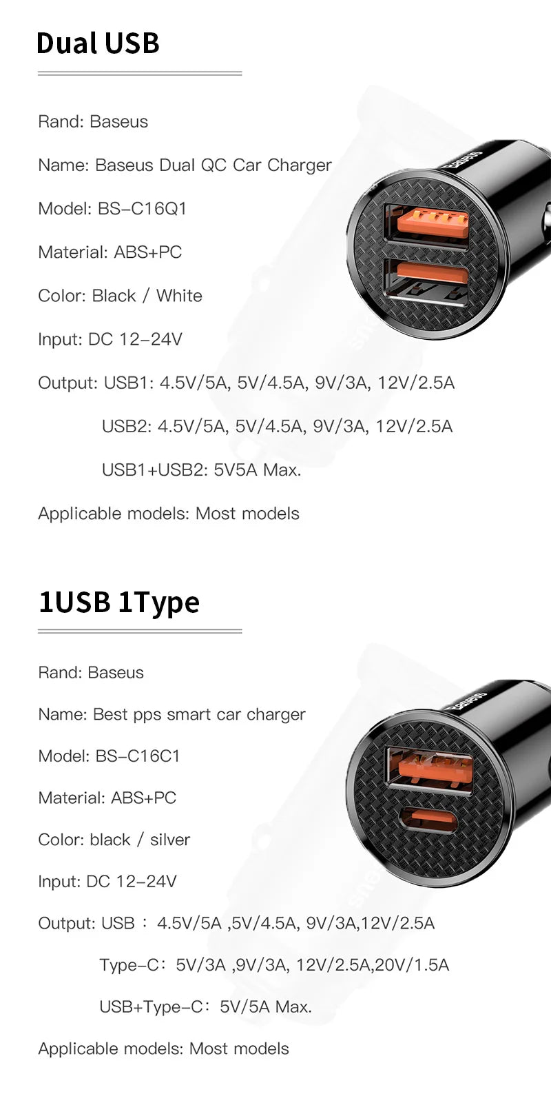 Baseus 30W Car Fast Charger Quick Charge 4.0 3.0 USB Type-C Fast Charging Car Phone Charger For Huawei Xiaomi iPhone 15 14 13 12