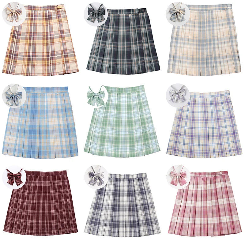 JMPRS Plaid Women Pleated Skirt Bow Knot Summer High Waist Preppy Girls Dance Mini Skirt Cute A Line Harajuku Sexy Japan Faldas