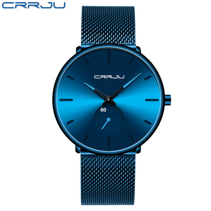 CRRJU New Watches Mens 2019 Man Fashion Simple Stainless Steel Blue Thin Watch For Men Luxury Casual Waterproof Quartz Clock
