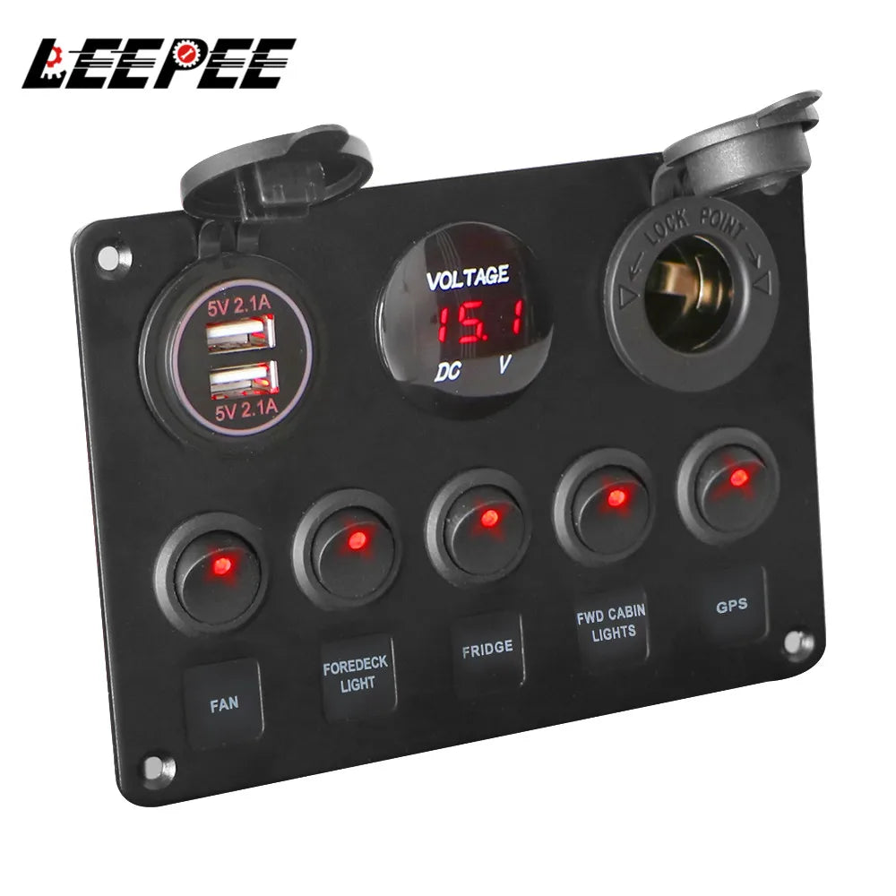 LEEPEE 5 Gang 12V Waterproof Intergrated Switch Panel Digital Voltmeter Dual USB Port For Boat Car Marine LED Rocker Accessories