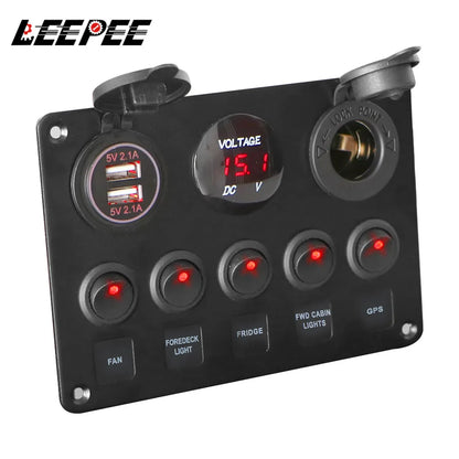 LEEPEE 5 Gang 12V Waterproof Intergrated Switch Panel Digital Voltmeter Dual USB Port For Boat Car Marine LED Rocker Accessories