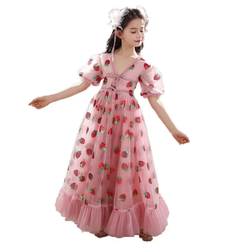 Girls Sequins Strawberry Pink Dresses Kids Dance Show Gowns Teen Girl Wedding Bridal Clothes Teenagers First Communion Dresses