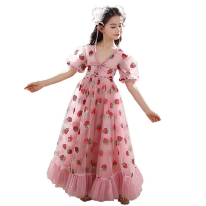 Girls Sequins Strawberry Pink Dresses Kids Dance Show Gowns Teen Girl Wedding Bridal Clothes Teenagers First Communion Dresses
