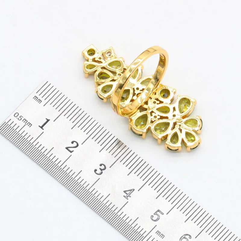 Luxury Green Peridot Gold Plated Jewelry Sets for Women Earrings Necklace Pendant Ring Bracelet  Birthday Gift