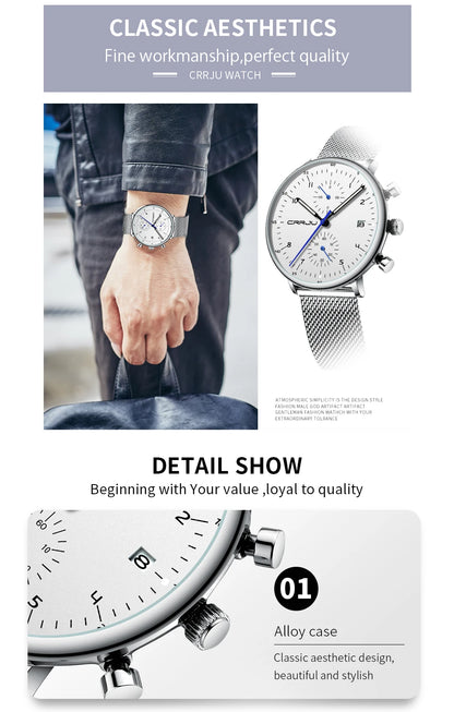 CRRJU Mens Watch Top Luxury Brand Men Stainless Steel WristWatch Men's Military waterproof Date Quartz watches relogio masculino