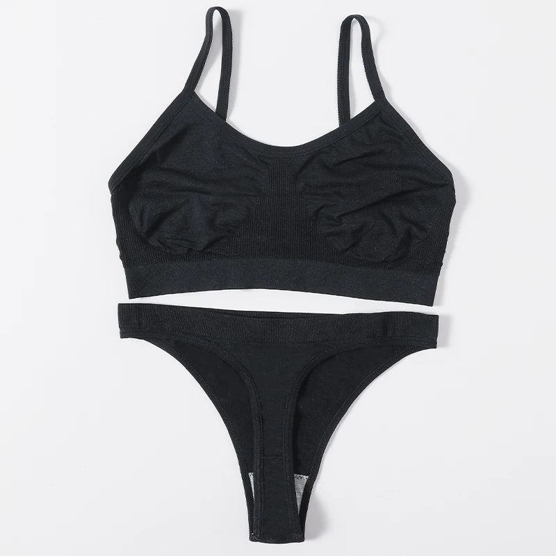 Women Seamless Bra And Panties Set Wire Free Bralette High Leg Cut Thongs Comfort Ribbed Unlined Underwear Sexy Lingerie Set