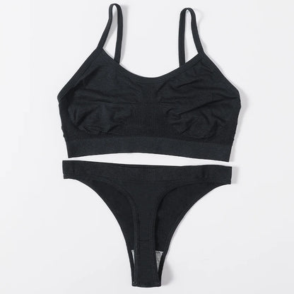 Women Seamless Bra And Panties Set Wire Free Bralette High Leg Cut Thongs Comfort Ribbed Unlined Underwear Sexy Lingerie Set