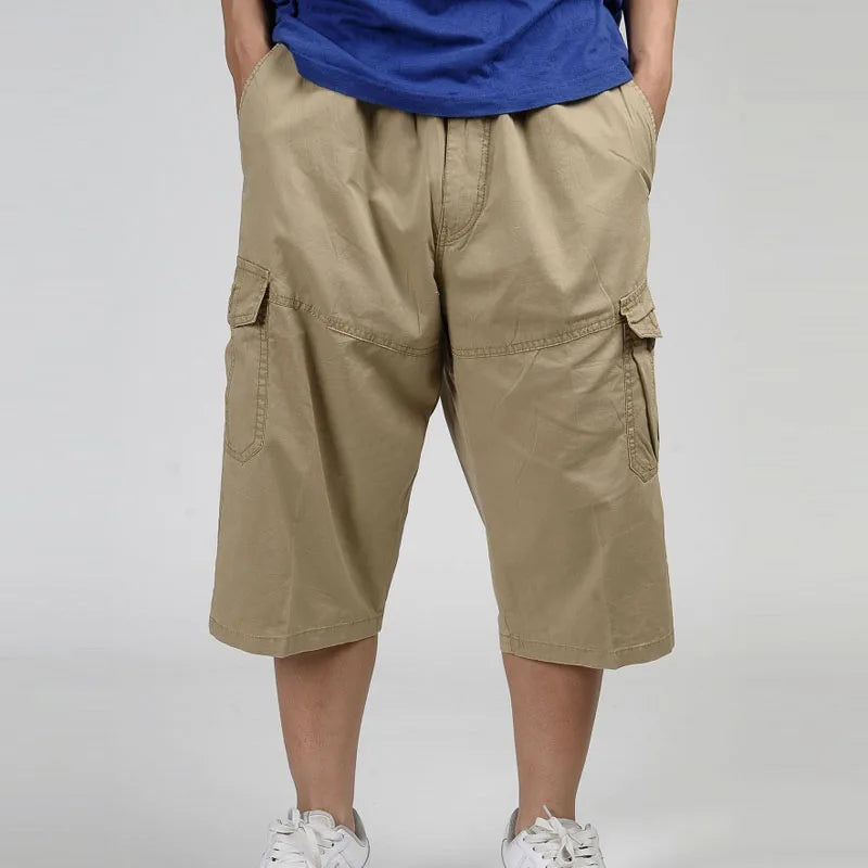 2025 Men Summer Multi-Pocket Baggy Cargo Cotton Calf Length Pants Casual Trouser Male Large Solid Color Shorts Plus Size Xl-6Xl