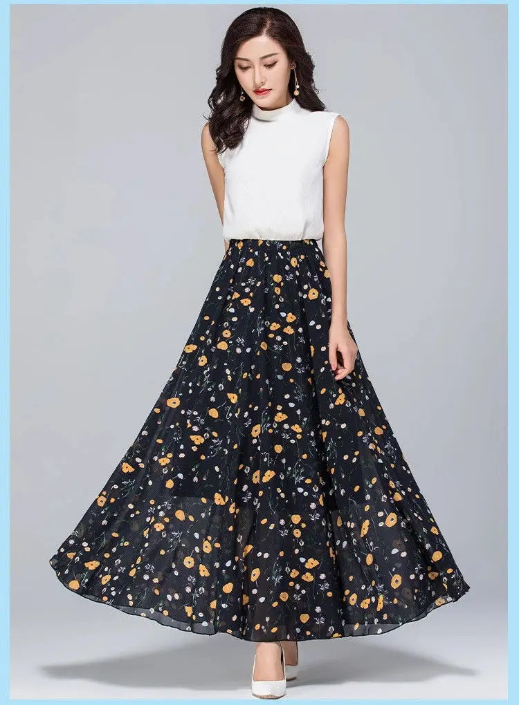 High Waist Skirts Womens Summer 2026 spring Elastic Waist Midi Full Long Skirt Print Mother Dance Skirts Swing Chiffon Skirt
