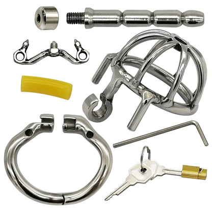 Happygo Stainless Steel Chastity Device with Urethral Catheter and Anti-Shedding Ring,Cock Cage,Penis Ring,S055-2