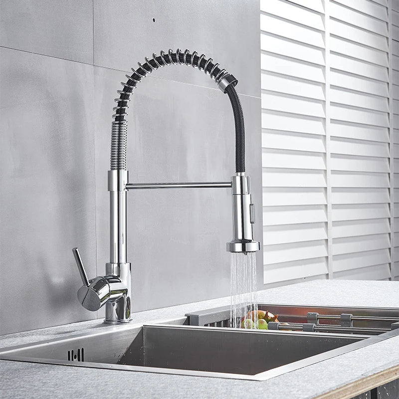 Kitchen Faucets Brush Brass Faucets for Kitchen Sink Single Lever Pull Out Spring Spout Mixers Tap Hot Cold Water Crane