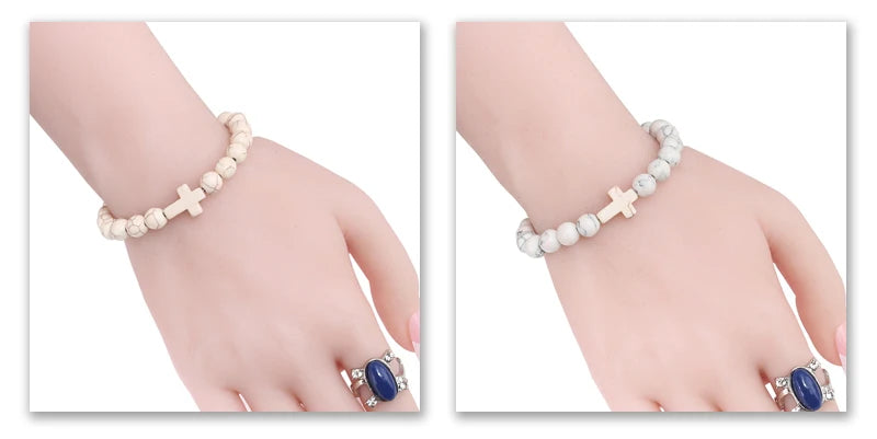 Fashion Jesus Cross Natural Stone Bracelets Charm Blue Pine Stone Black Lava Matte Beaded Bracelets Bangles Women Yoga Jewelry