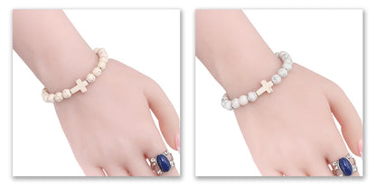 Fashion Jesus Cross Natural Stone Bracelets Charm Blue Pine Stone Black Lava Matte Beaded Bracelets Bangles Women Yoga Jewelry