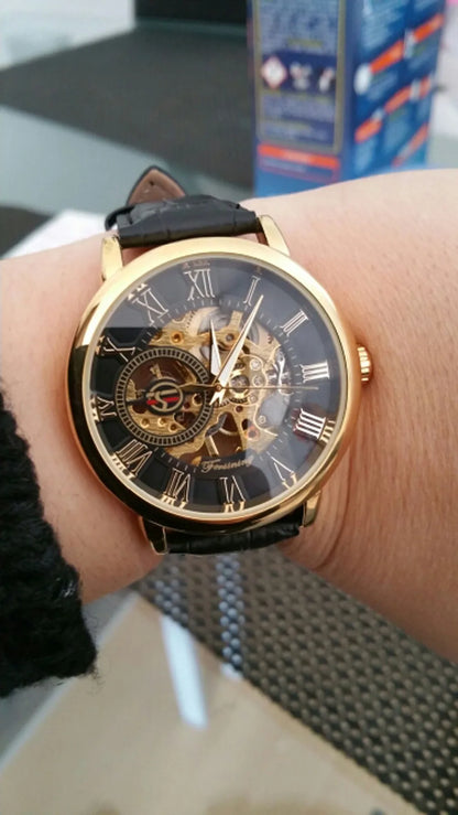 Forsining 3d Logo Design Hollow Engraving Black Golden Case Leather Skeleton Mechanical Watches Men Luxury Brand Heren Horloge