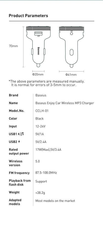 Baseus Car FM Transmitter 5.0 Bluetooth Car Charger Music Adapter 3.4A Dual USB MP3 Player Radio Handsfree Audio FM Modulato