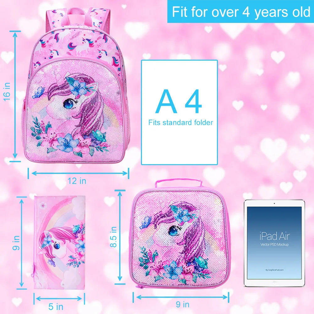 3PCS Unicorn Backpack for Girls, 16”Kids Sequin Bookbag with Lunch Box, School Bag for Elementary Toddler