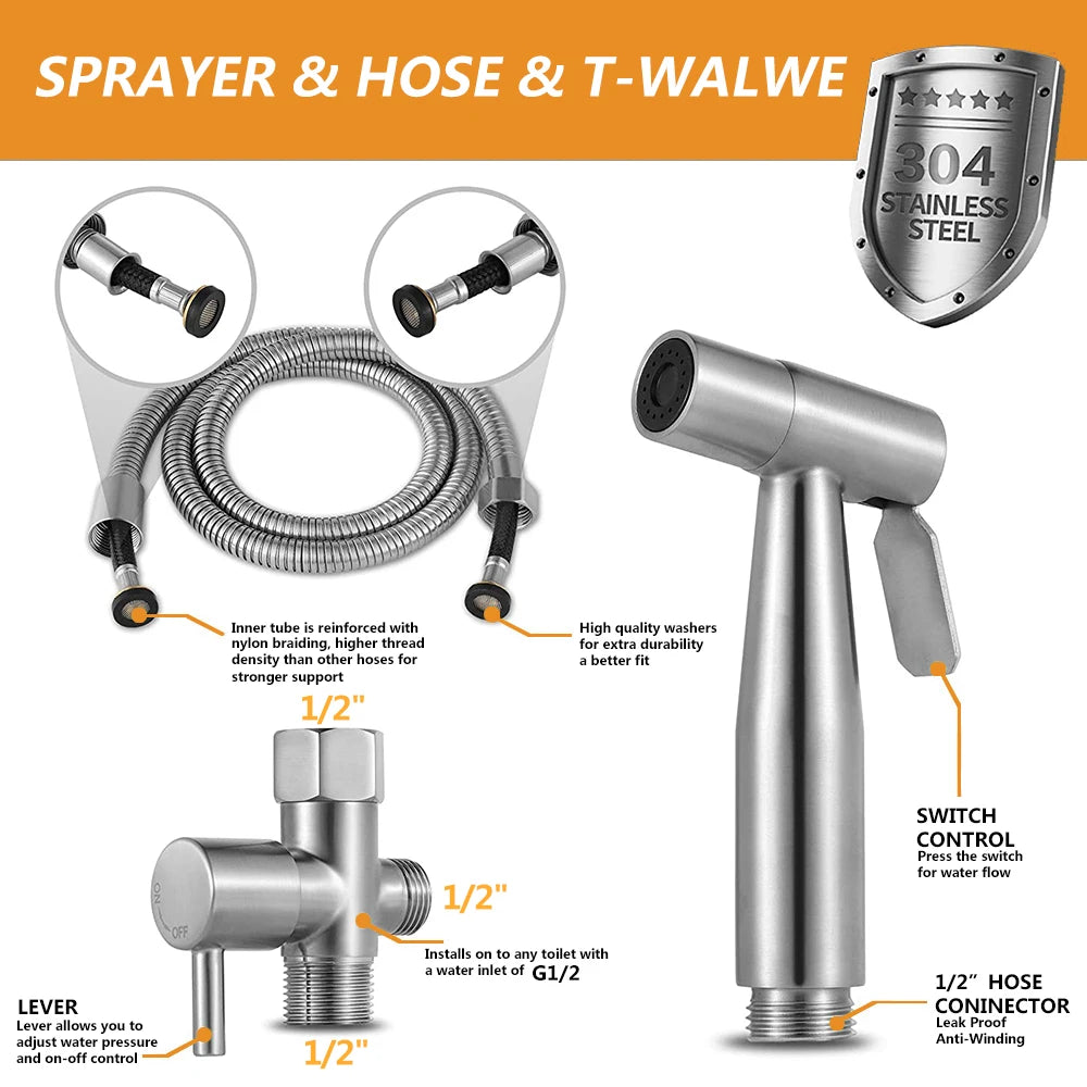 Handheld Toilet Bidet Sprayer Set Kit Stainless Steel Hand Bidet faucet for Bathroom Hand Sprayer Shower Head Self Cleaning