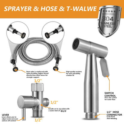 Handheld Toilet Bidet Sprayer Set Kit Stainless Steel Hand Bidet faucet for Bathroom Hand Sprayer Shower Head Self Cleaning