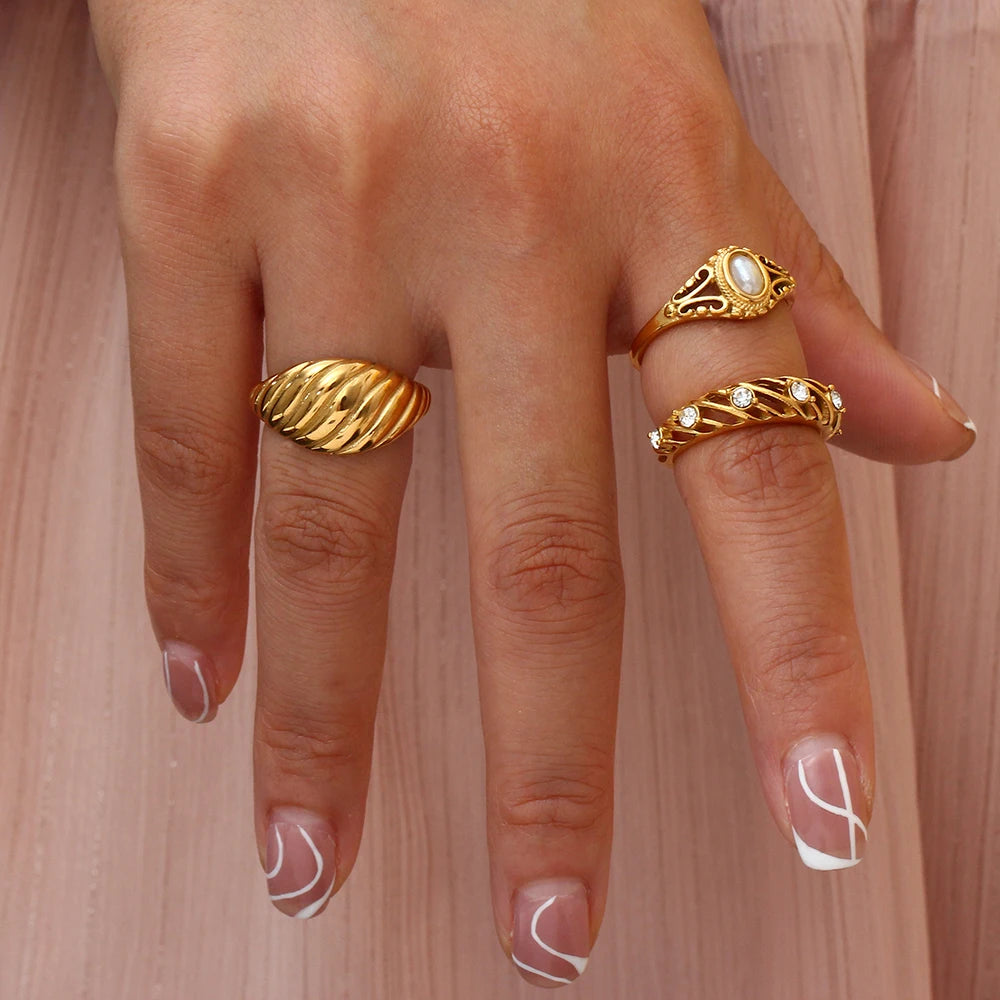 E.B.belle Thin 18K Gold Plated Hollow Texture Natural Freshwater Pearl Rings For Women Stainless Steel Tarnish Free Gold Ring