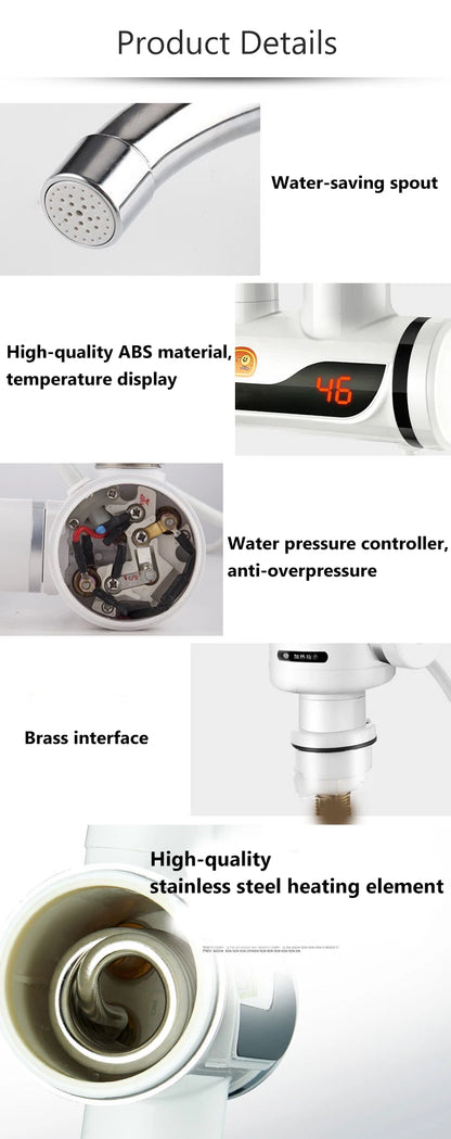 DMWD Electric Instant Hot Water Faucet Stainless Steel Water heater with LED Temperature Display Tankless Tap For Kitchen shower
