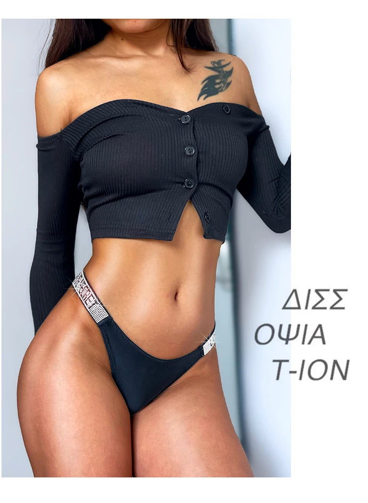 Low Waist Sexy Women Thongs Panties Rhinestones letter Diamonds G String Sports Thong Shorts Briefs T-back Fitness Size S-XL