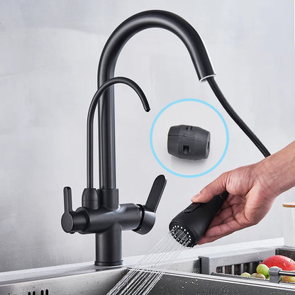 Rozin Purification Kitchen Faucets Black Pull Out Kitchen Water Filter Tap 3 Way Mixer torneira para cozinha de parede Crane