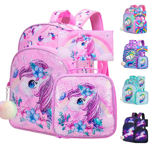 3PCS Unicorn Backpack for Girls, 16”Kids Sequin Bookbag with Lunch Box, School Bag for Elementary Toddler