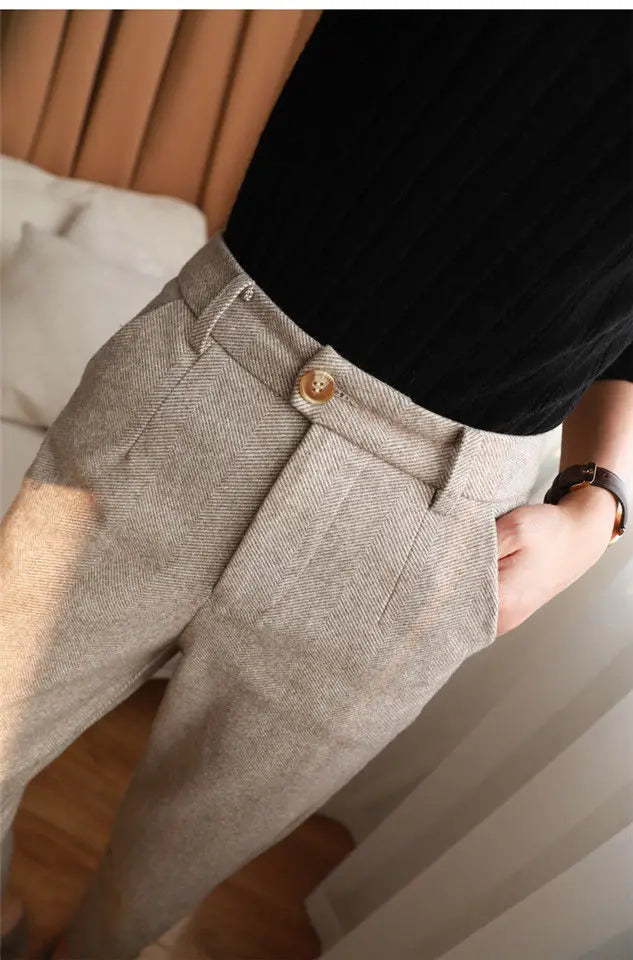 Woolen Pants Women's Harem Pencil Pants 2023 Autumn Winter High Waisted Casual Suit Pants Office Lady Women Trousers