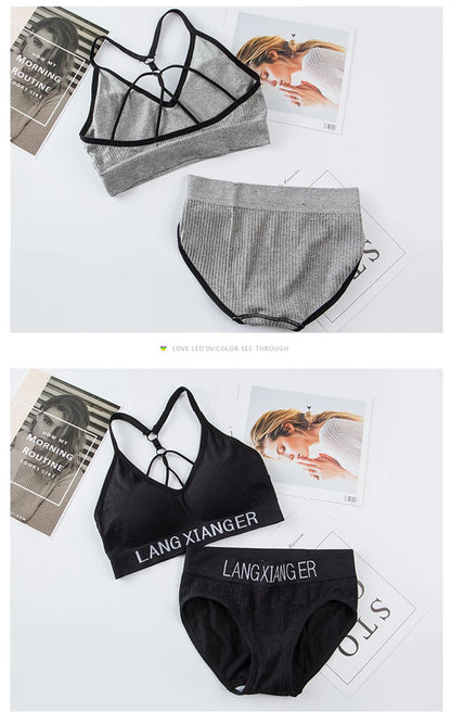 New Women's Cotton For Underwear Set Letter Sports Bra  Seamless Female Underwear Comfort No Steel Ring Suit Solid Color Chest