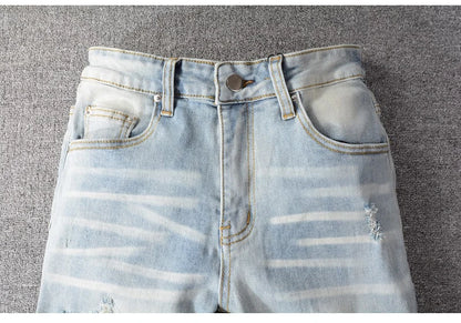 Men Crystal Holes Ripped Patchwork Jeans Streetwear Light Blue Denim Slim Skinny Pencil Pants Trousers
