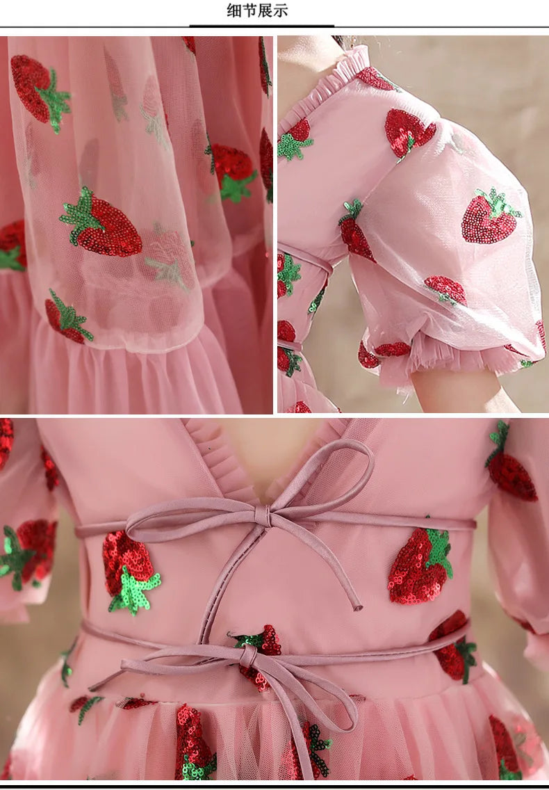 Girls Sequins Strawberry Pink Dresses Kids Dance Show Gowns Teen Girl Wedding Bridal Clothes Teenagers First Communion Dresses
