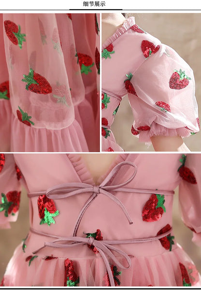 Girls Sequins Strawberry Pink Dresses Kids Dance Show Gowns Teen Girl Wedding Bridal Clothes Teenagers First Communion Dresses