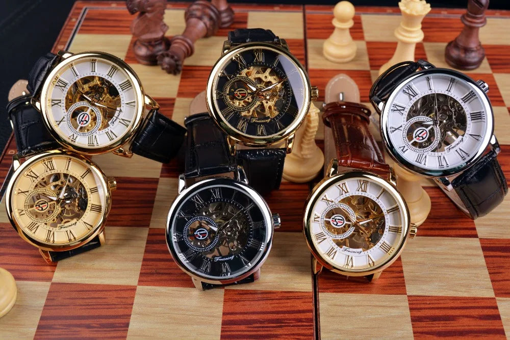 Forsining 3d Logo Design Hollow Engraving Black Golden Case Leather Skeleton Mechanical Watches Men Luxury Brand Heren Horloge