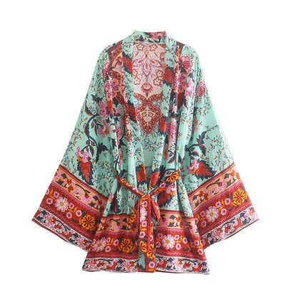 Boho Queens Vintage Peacock Floral Print Sashes Beach Kimono Women Bohemian Wrap Batwing Sleeves Holiday Bikini Cover-ups