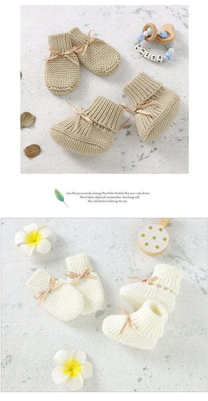 Baby Shoes + Gloves Set Knit Newborn Girls Boys Boots Mitten Fashion Butterfly-knot Toddler Infant Slip-On Bed Shoes Hand Made