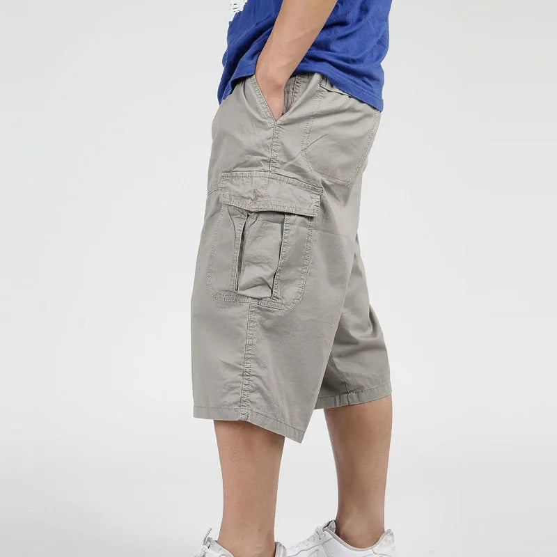 2025 Men Summer Multi-Pocket Baggy Cargo Cotton Calf Length Pants Casual Trouser Male Large Solid Color Shorts Plus Size Xl-6Xl