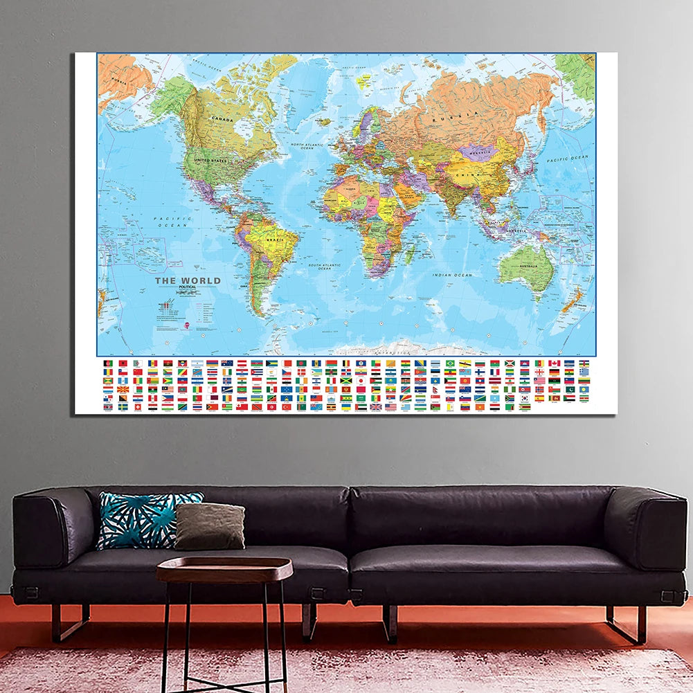 150x100cm Foldable Large World Map with Flags The World Physical Map for Travel Office School Supplies for Bedroom Living Room