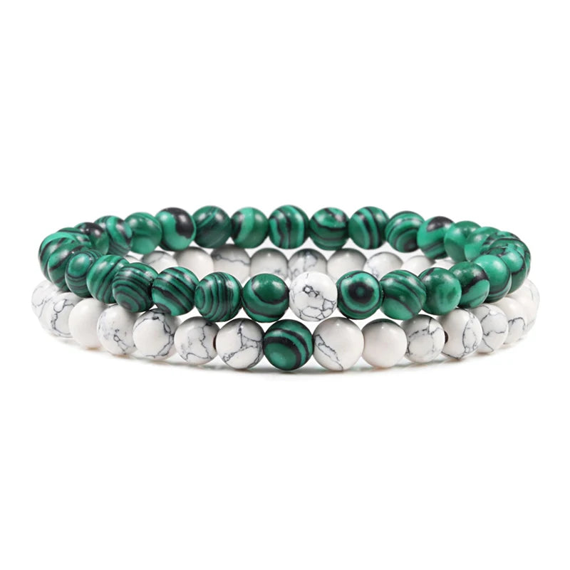 Hot Sale 2pcs/Set Couples Beaded Bracelets Tiger Eye Black Lava Natural Stone Beaded Bracelets Malachite Energy Elastic Jewelry