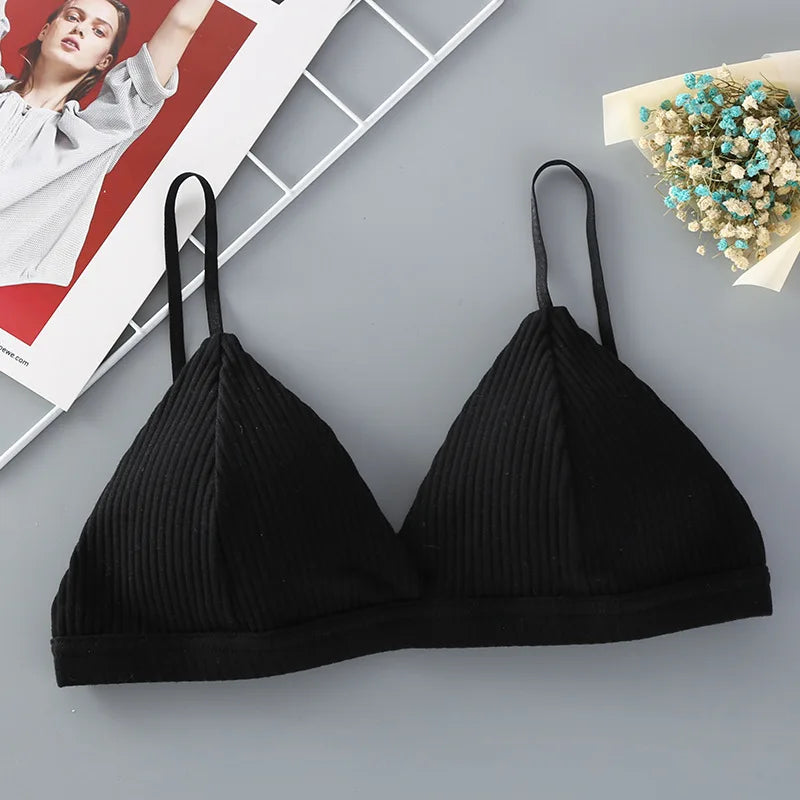 Women Cotton Push-Up Bra Ribbed Triangle Cup Bralette Wire-Free Bras Ladies Sexy Lingerie Simple Low Back Single Hook Underwear