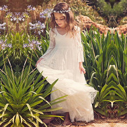 Kids Clothes White Lace Girls Full Sleeve Princess Dress Wedding Fancy Girl Long Dresses Elegant Evening Party Ball Gown 2 to 14