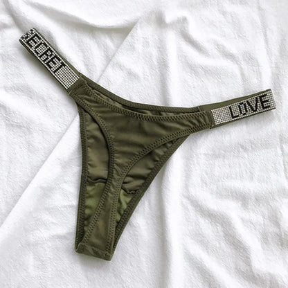 Low Waist Sexy Women Thongs Panties Rhinestones letter Diamonds G String Sports Thong Shorts Briefs T-back Fitness Size S-XL
