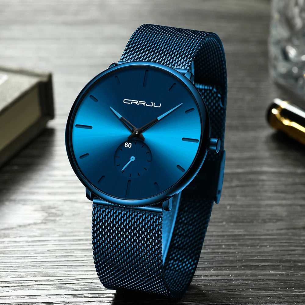 CRRJU New Watches Mens 2019 Man Fashion Simple Stainless Steel Blue Thin Watch For Men Luxury Casual Waterproof Quartz Clock