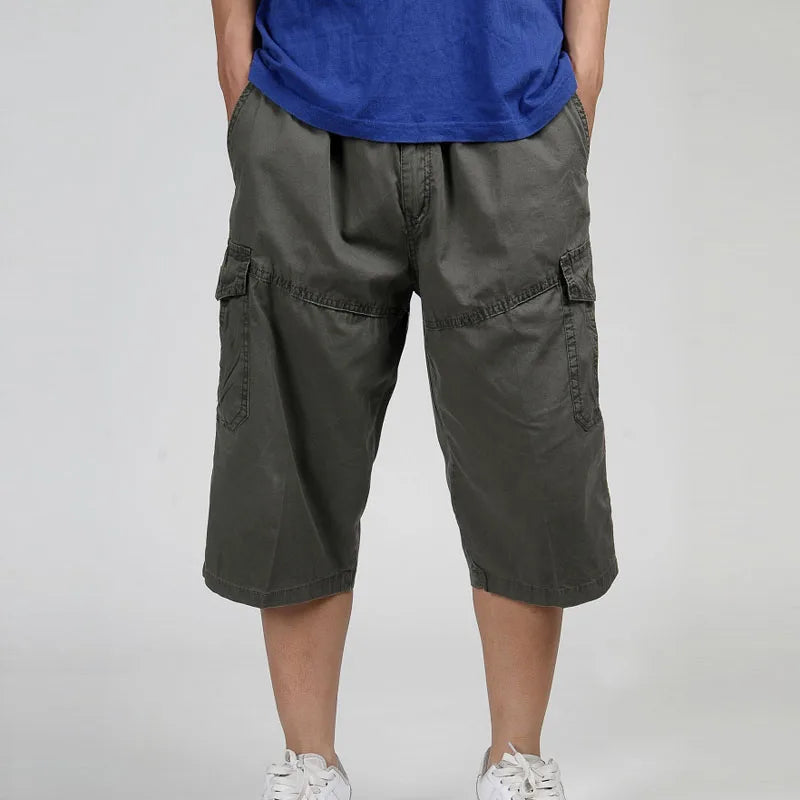 2025 Men Summer Multi-Pocket Baggy Cargo Cotton Calf Length Pants Casual Trouser Male Large Solid Color Shorts Plus Size Xl-6Xl