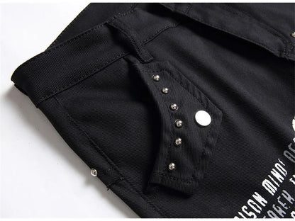 Men's Scotland Red Plaid Tartan Patchwork Jeans Punk Rivet Patch Black Denim Pants Skull Letters Printed Slim Straight Trousers